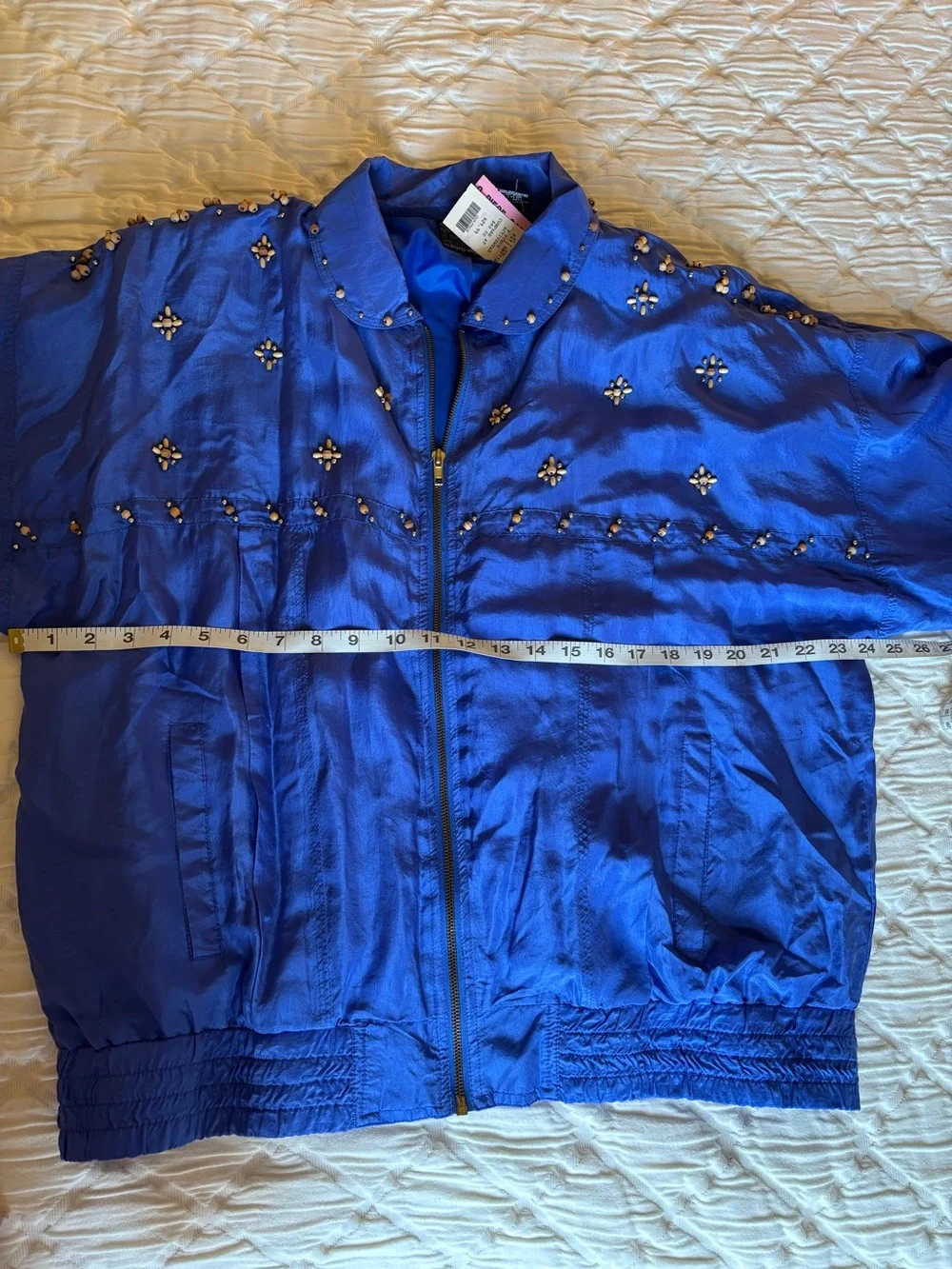 Rare Vintage 80’s Mureli Royal Blue 100% Silk Beaded Track Jacket Set XL NWT